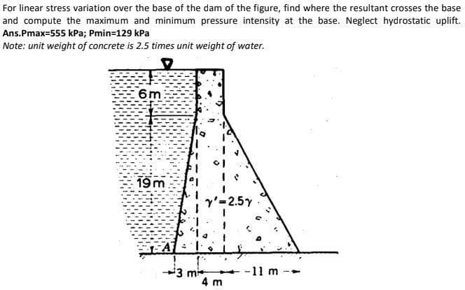 For linear stress variation over the base of the dam of the figure, find where the resultant crosses the base
and compute the maximum and minimum pressure intensity at the base. Neglect hydrostatic uplift.
Ans.Pmax=555 kPa; Pmin=129 kPa
Note: unit weight of concrete is 2.5 times unit weight of water.
6m
19m
1
Y'=2.5Y
1
30 40
¹3 mi
4 m
-11 m