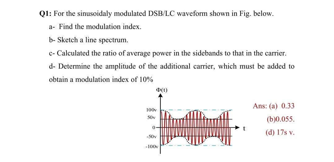 Q1: For the sinusoidaly modulated DSB/LC waveform shown in Fig. below.
a- Find the modulation index.
b- Sketch a line spectrum.
c- Calculated the ratio of average power in the sidebands to that in the carrier.
d- Determine the amplitude of the additional carrier, which must be added to
obtain a modulation index of 10%
D(t)
Ans: (a) 0.33
100y
50v
(b)0.055.
0-
(d) 17s v.
-50v
-100v
