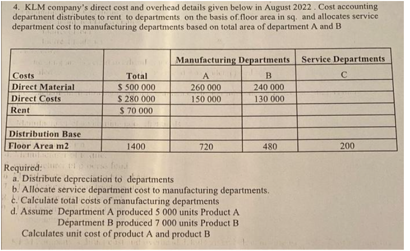 4. KLM company's direct cost and overhead details given below in August 2022. Cost accounting
department distributes to rent to departments on the basis of floor area in sq. and allocates service
department cost to manufacturing departments based on total area of department A and B
4
Costs
Direct Material
Direct Costs
Rent
Distribution Base
Floor Area m2
Total
$ 500 000
$ 280 000
$70 000
1400
Manufacturing
A
260 000
150 000
720
Departments
B
240 000
130 000
480
Required:
110s food
a. Distribute depreciation to departments
b. Allocate service department cost to manufacturing departments.
c. Calculate total costs of manufacturing departments
d. Assume Department A produced 5 000 units Product A
Department B produced 7 000 units Product B
Calculates unit cost of product A and product B
SEASON
Service Departments
C
200