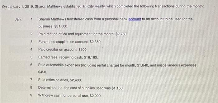 On January 1, 2019, Sharon Matthews established Tri-City Realty, which completed the following transactions during the month:
Jan.
1
2
3
4
Paid rent on office and equipment for the month, $2,750.
Purchased supplies on account, $2,350.
Paid creditor on account, $800.
Earned fees, receiving cash, $16,160.
Paid automobile expenses (including rental charge) for month, $1,640, and miscellaneous expenses,
$450.
7
Paid office salaries, $2,400.
8 Determined that the cost of supplies used was $1,150.
9
Withdrew cash for personal use, $2,000.
Sharon Matthews transferred cash from a personal bank account to an account to be used for the
business, $31,500.
5
6