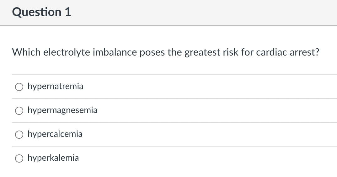 Question 1
Which electrolyte imbalance poses the greatest risk for cardiac arrest?
O hypernatremia
hypermagnesemia
hypercalcemia
O hyperkalemia