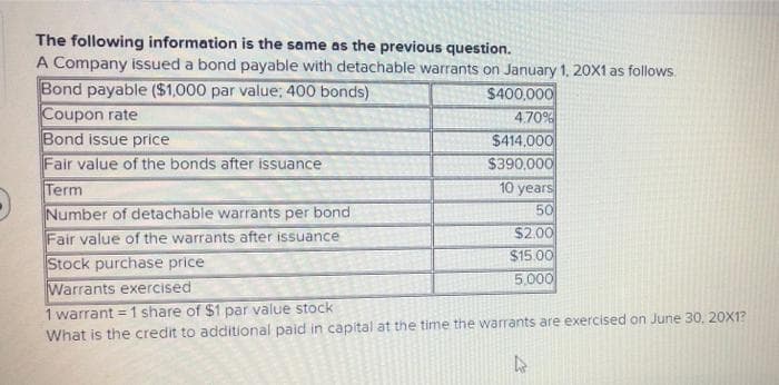 The following information is the same as the previous question.
A Company issued a bond payable with detachable warrants on January 1, 20X1 as follows.
Bond payable ($1,000 par value; 400 bonds)
Coupon rate
Bond issue price
Fair value of the bonds after issuance
Term
Number of detachable warrants per bond
$400,000
4.70%
$414,000
$390,000
10 years
50
$2.00
$15.00
Fair value of the warrants after issuance
Stock purchase price
Warrants exercised
5,000
warrant = 1 share of $1 par value stock
What is the credit to additional paid in capital at the time the warrants are exercised on June 30, 20X1?
