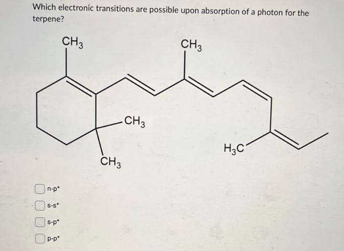 Which electronic transitions are possible upon absorption of a photon for the
terpene?
n-p*
S-S*
s-p*
P-p*
CH 3
-CH3
CH3
CH3
H3C