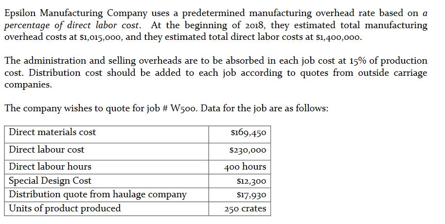 Epsilon Manufacturing Company uses a predetermined manufacturing overhead rate based on a
percentage of direct labor cost. At the beginning of 2018, they estimated total manufacturing
overhead costs at $1,015,000, and they estimated total direct labor costs at $1,400,000.
The administration and selling overheads are to be absorbed in each job cost at 15% of production
cost. Distribution cost should be added to each job according to quotes from outside carriage
companies.
The company wishes to quote for job # W500. Data for the job are as follows:
Direct materials cost
$169,450
Direct labour cost
$230,000
Direct labour hours
400 hours
Special Design Cost
Distribution quote from haulage company
Units of product produced
$12,300
$17,930
250 crates
