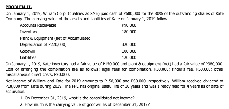 PROBLEM IL.
On January 1, 2019, William Corp. (qualifies as SME) paid cash of P600,000 for the 80% of the outstanding shares of Kate
Company. The carrying value of the assets and liabilities of Kate on January 1, 2019 follow:
Accounts Receivable
P90,000
Inventory
180,000
Plant & Equipment (net of Accumulated
Depreciation of P220,000)
320,000
Goodwill
100,000
Liabilities
120,000
On January 1, 2019, Kate inventory had a fair value of P150,000 and plant & equipment (net) had a fair value of P380,000.
Cost of arranging the combination are as follows: legal fees for combination, P30,000; finder's fee, P50,000; other
miscellaneous direct costs, P20,000.
Net income of William and Kate for 2019 amounts to P158,000 and P60,000, respectively. William received dividend of
P18,000 from Kate during 2019. The PPE has original useful life of 10 years and was already held for 4 years as of date of
acquisition.
1. On December 31, 2019, what is the consolidated net income?
2. How much is the carrying value of goodwill as of December 31, 2019?
