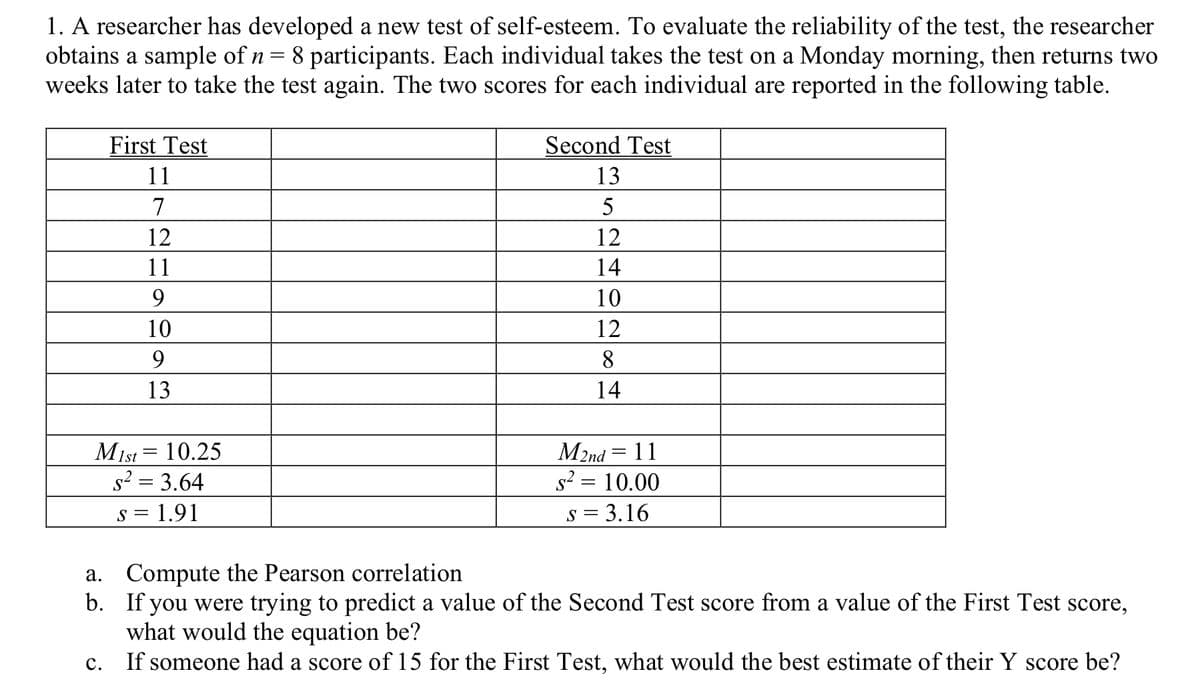 1. A researcher has developed a new test of self-esteem. To evaluate the reliability of the test, the researcher
obtains a sample of n = 8 participants. Each individual takes the test on a Monday morning, then returns two
weeks later to take the test again. The two scores for each individual are reported in the following table.
First Test
Second Test
11
13
7
5
12
12
11
14
9.
10
10
12
9.
8
13
14
Mist = 10.25
s² = 3.64
Мnd 3D 11
s? = 10.00
s = 1.91
s = 3.16
a. Compute the Pearson correlation
b. If you were trying to predict a value of the Second Test score from a value of the First Test score,
what would the equation be?
c. If someone had a score of 15 for the First Test, what would the best estimate of their Y score be?
