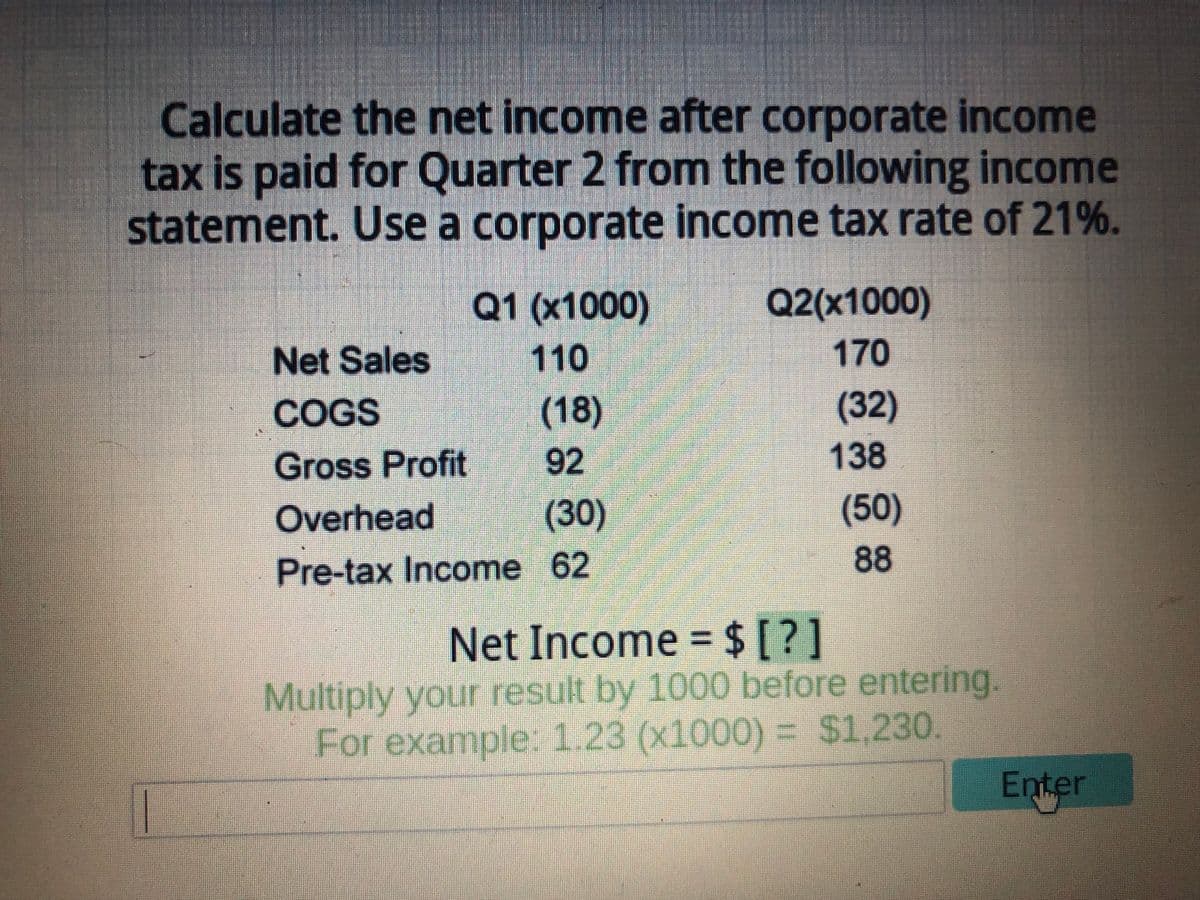 Calculate the net income after corporate income
tax is paid for Quarter 2 from the following income
statement. Use a corporate income tax rate of 21%.
T
Net Sales
COGS
Gross Profit
Q1 (x1000)
110
(18)
92
Overhead
(30)
Pre-tax Income 62
Q2(x1000)
170
(32)
138
(50)
88
Net Income = $ [ ? ]
Multiply your result by 1000 before entering.
For example: 1.23 (x1000) = $1,230.
Enter