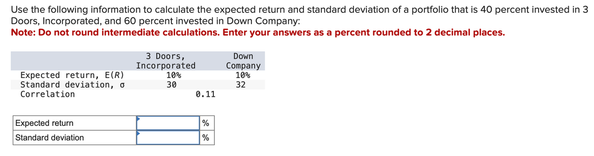 Use the following information to calculate the expected return and standard deviation of a portfolio that is 40 percent invested in 3
Doors, Incorporated, and 60 percent invested in Down Company:
Note: Do not round intermediate calculations. Enter your answers as a percent rounded to 2 decimal places.
Expected return, E(R)
Standard deviation, o
Correlation
Expected return
Standard deviation
3 Doors,
Incorporated
10%
30
0.11
%
%
Down
Company
10%
32
