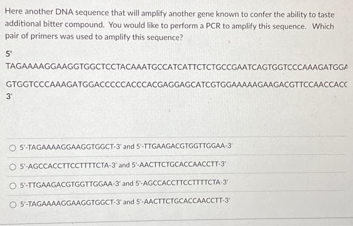 Here another DNA sequence that will amplify another gene known to confer the ability to taste
additional bitter compound. You would like to perform a PCR to amplify this sequence. Which
pair of primers was used to amplify this sequence?
5'
TAGAAAAGGAAGGTGGCTCCTACAAATGCCATCATTCTCTGCCGAATCAGTGGTCCCAAAGATGGA
GTGGTCCCAAAGATGGACCCCCACCCACGAGGAGCATCGTGGAAAAAGAAGACGTTCCAACCACC
3'
5'-TAGAAAAGGAAGGTGGCT-3' and 5'-TTGAAGACGTGGTTGGAA-3
O 5'-AGCCACCTTCCTTTTCTA-3' and 5'-AACTTCTGCACCAACCTT-3'
O 5'-TTGAAGACGTGGTTGGAA-3' and 5'-AGCCACCTTCCTTTTCTA-3¹
O 5'-TAGAAAAGGAAGGTGGCT-3' and 5'-AACTTCTGCACCAACCTT-3'