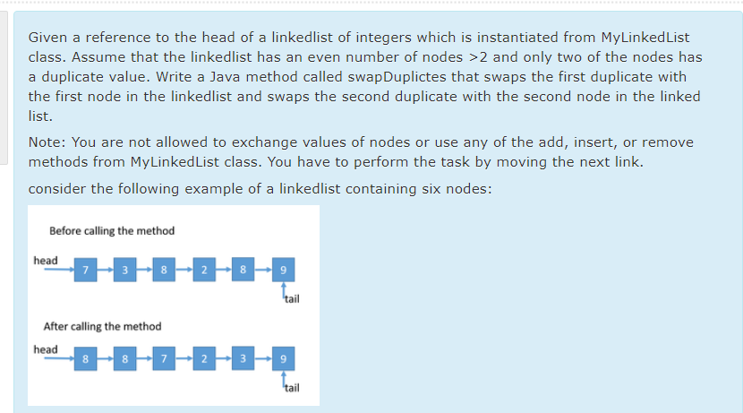 .....**..
.............
Given a reference to the head of a linkedlist of integers which is instantiated from MyLinkedList
class. Assume that the linkedlist has an even number of nodes >2 and only two of the nodes has
a duplicate value. Write a Java method called swapDuplictes that swaps the first duplicate with
the first node in the linkedlist and swaps the second duplicate with the second node in the linked
list.
Note: You are not allowed to exchange values of nodes or use any of the add, insert, or remove
methods from MyLinkedList class. You have to perform the task by moving the next link.
consider the following example of a linkedlist containing six nodes:
Before calling the method
head
tail
After calling the method
head
8.
8.
tail
