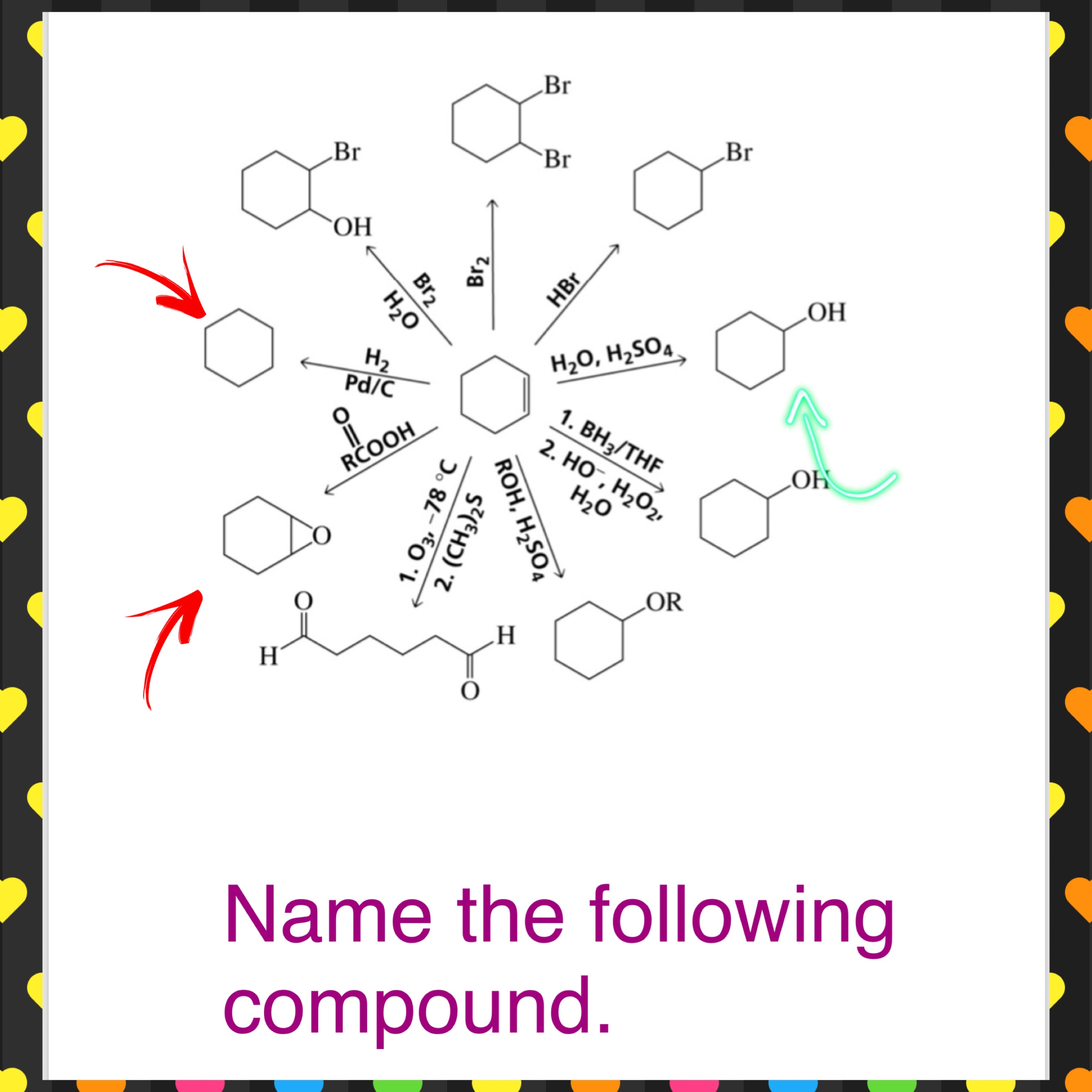 Br
Br
Br
Br
ОН
LOH
H2O, H¿SO4
H2
Pd/C
1. ВН+/THF
2. HO¯, H2O2,
LOH
RÖOOH
H2O
LOR
H.
H
Name the following
compound.
CO
Br2
H2O
Br2
HBr
1. Оз, -78°C
2. (CH3)2S
ROH, H,SO4
