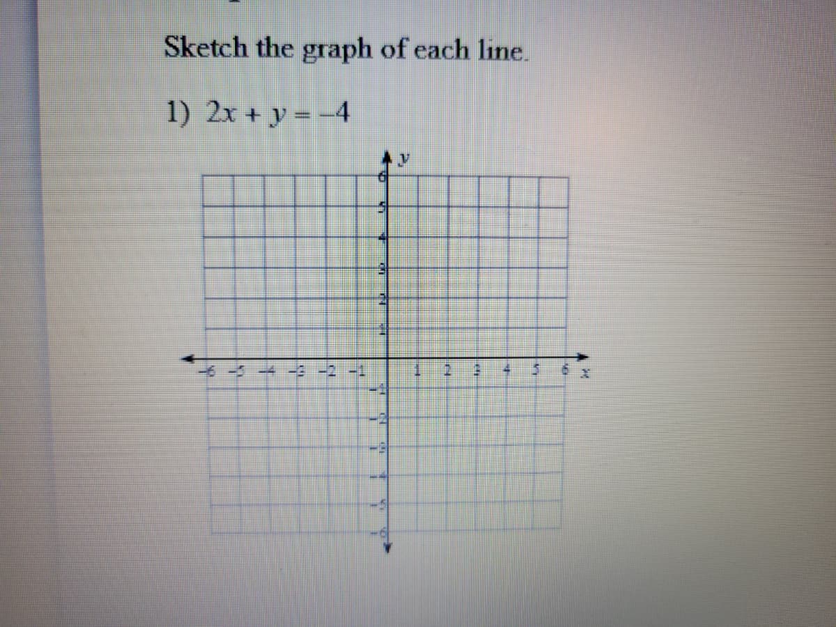 Sketch the graph of each line.
1) 2x + y = -4
