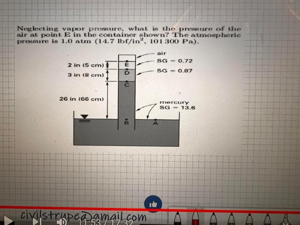 Neglecting vapor pressure, what is the pressure of the
air at point E in the container shown? The atmospheric
pressure is 1.0 atm (14.7 lbf/in², 101300 Pa).
2 in (5 cm) #
3 in (8 cm)
26 in (66 cm)
E
civilstrupea amail.com
T
air
SG-0.72
SG - 0.87
mercury
SG 13.6