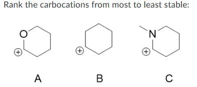Rank the carbocations from most to least stable:
O
A
B
N
с
