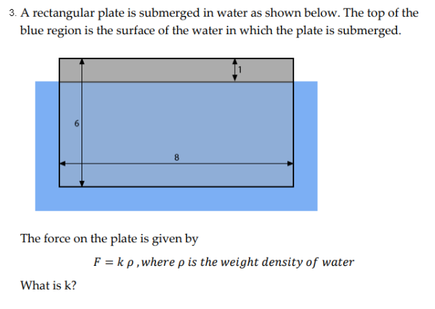 3. A rectangular plate is submerged in water as shown below. The top of the
blue region is the surface of the water in which the plate is submerged.
6
8
The force on the plate is given by
F = kp, where p is the weight density of water
What is k?