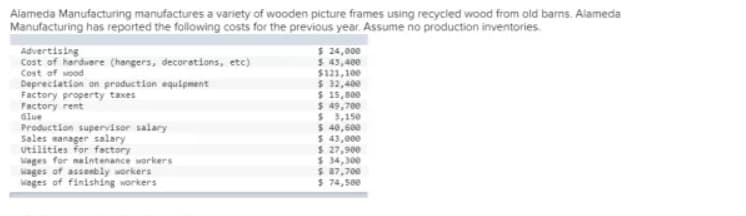 Alameda Manufacturing manufactures a variety of wooden picture frames using recycled wood from old barns. Alameda
Manufacturing has reported the following costs for the previous year. Assume no production inventories.
$ 24,000
$ 43,400
$121,100
$ 32,400
$ 15,800
$ 49,700
$ 3,150
$ 40,600
$ 43,000
$ 27,900
$ 34,300
$ 87,700
$ 74,500
Advertising
Cost of hardware (hangers, decorations, etc)
Cost of wood
Depreciation on production equipment
Factory property taxes
Factory rent
Glue
Production supervisor salary
Sales manager salary
Utilities for factory
Wages for naintenance workers
wages of assenbly workers
Wages of finishing workers
