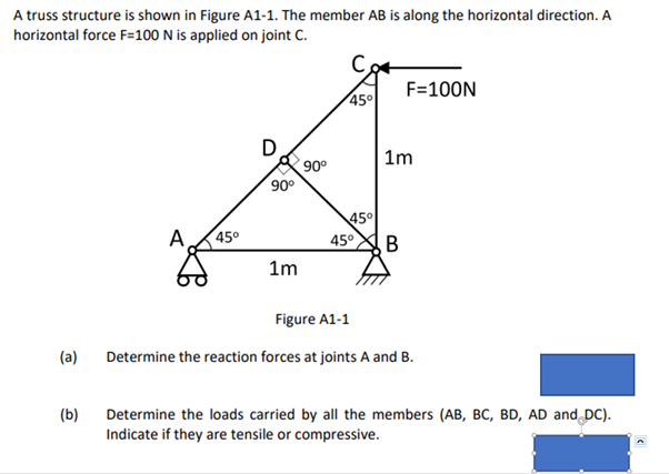 A truss structure is shown in Figure A1-1. The member AB is along the horizontal direction. A
horizontal force F=100 N is applied on joint C.
Cot
F=100N
45°
45°
A 45⁰
45° B
Figure A1-1
Determine the reaction forces at joints A and B.
(b)
Determine the loads carried by all the members (AB, BC, BD, AD and DC).
Indicate if they are tensile or compressive.
(a)
90°
1m
90⁰
1m