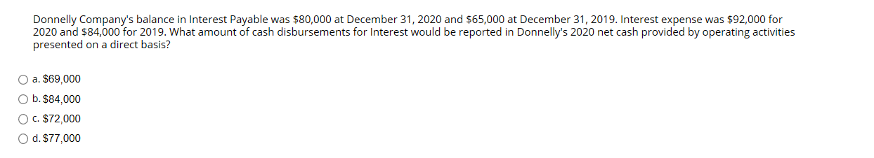 Donnelly Company's balance in Interest Payable was $80,000 at December 31, 2020 and $65,000 at December 31, 2019. Interest expense was $92,000 for
2020 and $84,000 for 2019. What amount of cash disbursements for Interest would be reported in Donnelly's 2020 net cash provided by operating activities
presented on a direct basis?
O a. S69,000
O b. $84,000
O c. $72,000
O d. $77,000
