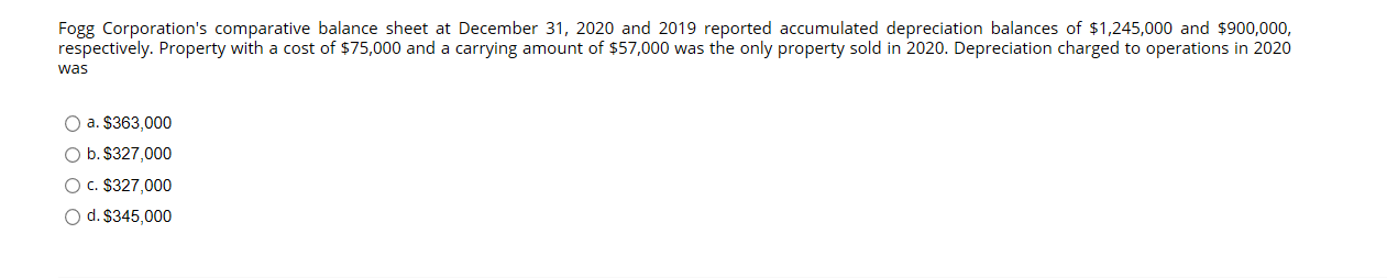 Fogg Corporation's comparative balance sheet at December 31, 2020 and 2019 reported accumulated depreciation balances of $1,245,000 and $900,000,
respectively. Property with a cost of $75,000 and a carrying amount of $57,000 was the only property sold in 2020. Depreciation charged to operations in 2020
was
