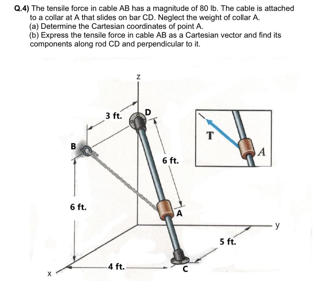 Q.4) The tensile force in cable AB has a magnitude of 80 lb. The cable is attached
to a collar at A that slides on bar CD. Neglect the weight of collar A.
(a) Determine the Cartesian coordinates of point A.
(b) Express the tensile force in cable AB as a Cartesian vector and find its
components along rod CD and perpendicular to it.
X
B
6 ft.
3 ft.
-4 ft.
Z
6 ft.
T
5 ft.
A
y