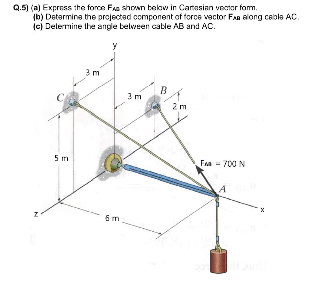 Q.5) (a) Express the force FAB shown below in Cartesian vector form.
(b) Determine the projected component of force vector FAB along cable AC.
(c) Determine the angle between cable AB and AC.
Z
C
5m
3 m
y
6 m
3 m
B
2 m
FAB = 700 N
A CAN
X