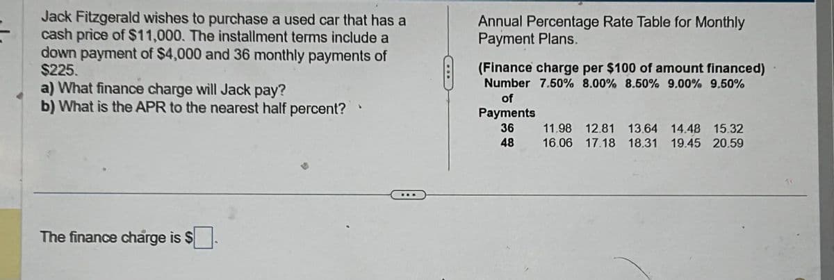 Jack Fitzgerald wishes to purchase a used car that has a
cash price of $11,000. The installment terms include a
down payment of $4,000 and 36 monthly payments of
$225.
a) What finance charge will Jack pay?
b) What is the APR to the nearest half percent?
Annual Percentage Rate Table for Monthly
Payment Plans.
(Finance charge per $100 of amount financed)
Number 7.50% 8.00% 8.50% 9.00% 9.50%
of
Payments
36
11.98 12.81 13.64 14.48 15.32
48
16.06 17.18 18.31 19.45 20.59
The finance charge is $