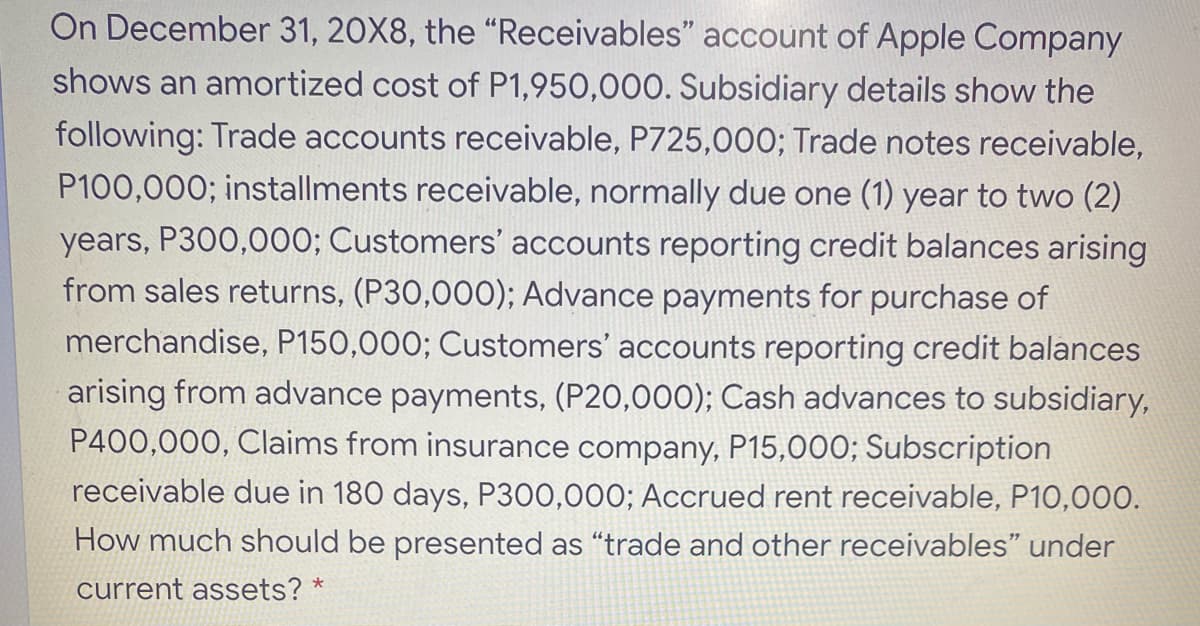 On December 31, 20X8, the "Receivables" account of Apple Company
shows an amortized cost of P1,950,000. Subsidiary details show the
following: Trade accounts receivable, P725,000; Trade notes receivable,
P100,000; installments receivable, normally due one (1) year to two (2)
years, P300,000; Customers' accounts reporting credit balances arising
from sales returns, (P30,000); Advance payments for purchase of
merchandise, P150,000; Customers' accounts reporting credit balances
arising from advance payments, (P20,000); Cash advances to subsidiary,
P400,000, Claims from insurance company, P15,000; Subscription
receivable due in 180 days, P300,000; Accrued rent receivable, P10,000.
How much should be presented as "trade and other receivables" under
current assets? *
