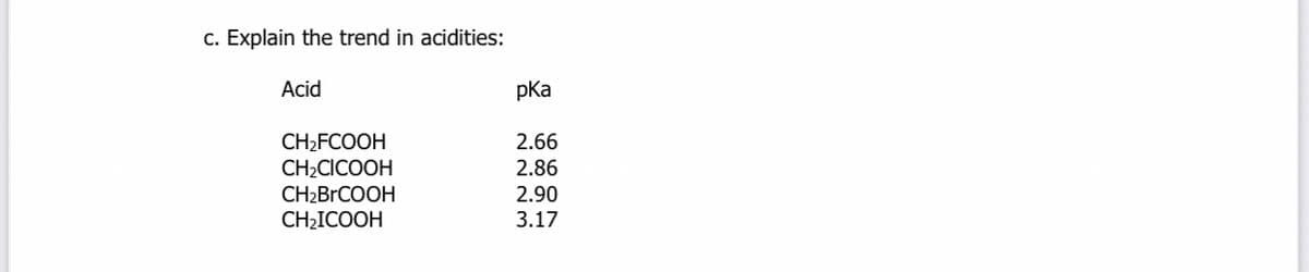 c. Explain the trend in acidities:
Acid
pKa
CH2FCOOH
CH2CICOOH
2.66
2.86
2.90
CH2BRCOOH
CH2ICOOH
3.17
