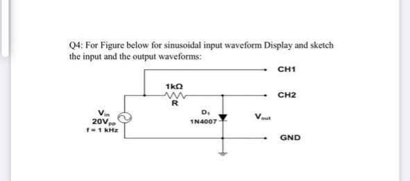 Q4: For Figure below for sinusoidal input waveform Display and sketch
the input and the output waveforms:
CH1
1kO
CH2
D.
Vout
20V p
1N4007
f=1 kHz
GND

