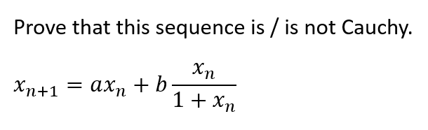 Prove that this sequence is / is not Cauchy.
Χη
xn+1 =
axn+b
1 + xn