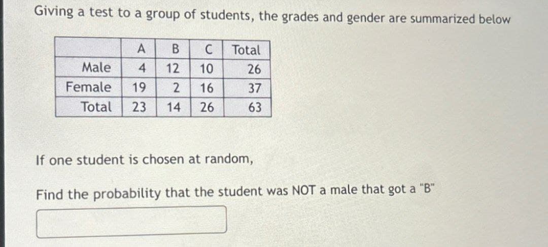 Giving a test to a group of students, the grades and gender are summarized below
A
B
C
Total
Male
4
12
10
26
Female
19
2
16
37
Total 23 14 26
63
If one student is chosen at random,
Find the probability that the student was NOT a male that got a "B"