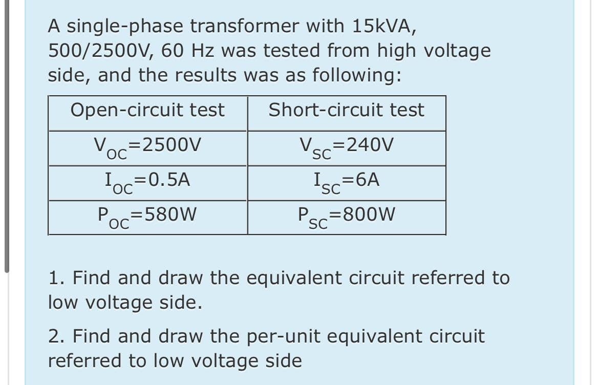 A single-phase transformer with 15kVA,
500/2500V, 60 Hz was tested from high voltage
side, and the results was as following:
Open-circuit test
Voc=2500V
Ioc=0.5A
OC
P=580W
OC
Short-circuit test
VSC=240V
SC
Isc=6A
P=800W
SC
1. Find and draw the equivalent circuit referred to
low voltage side.
2. Find and draw the per-unit equivalent circuit
referred to low voltage side