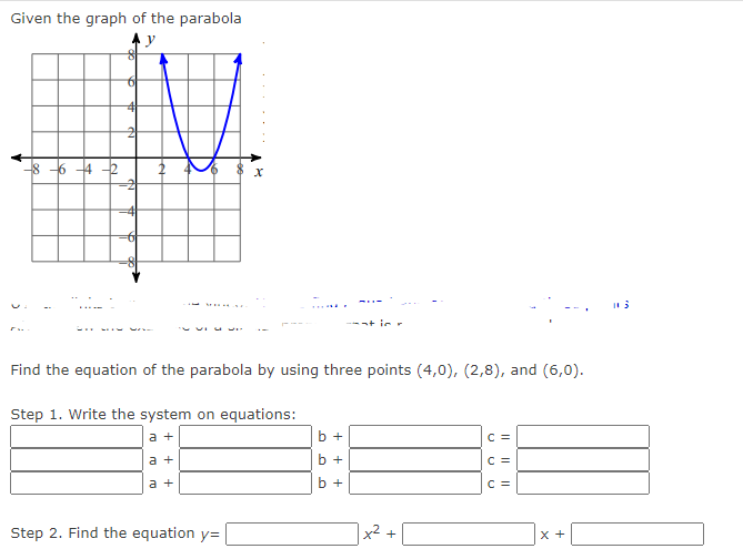 Given the graph of the parabola
y
-4--2
6
4
2
-2
6
X
Find the equation of the parabola by using three points (4,0), (2,8), and (6,0).
Step 1. Write the system on equations:
a +
a +
a +
Step 2. Find the equation y=
b +
+
b +
x² +
U
||
C =
C =
x +
113