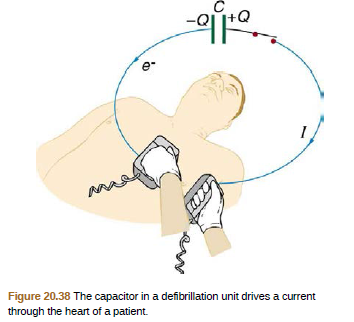 Figure 20.38 The capacitor in a defibrillation unit drives a current
through the heart of a patient.
