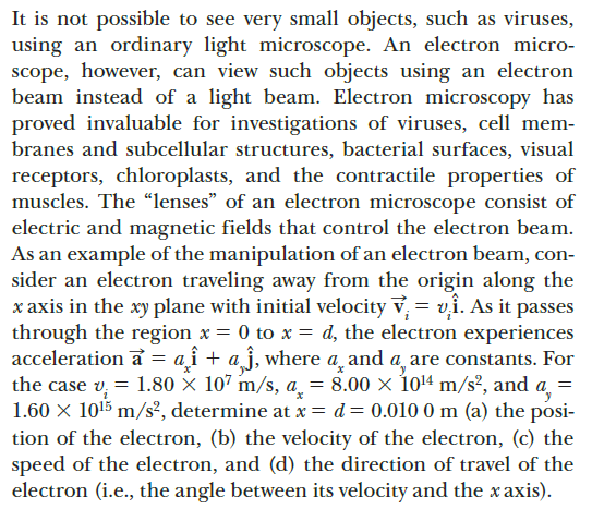 It is not possible to see very small objects, such as viruses,
using an ordinary light microscope. An electron micro-
scope, however, can view such objects using an electron
beam instead of a light beam. Electron microscopy has
proved invaluable for investigations of viruses, cell mem-
branes and subcellular structures, bacterial surfaces, visual
receptors, chloroplasts, and the contractile properties of
muscles. The “lenses" of an electron microscope consist of
electric and magnetic fields that control the electron beam.
As an example of the manipulation of an electron beam, con-
sider an electron traveling away from the origin along the
x axis in the xy plane with initial velocity v, = v,i. As it passes
through the region x = 0 to x = d, the electron experiences
acceleration a = ai+ aj, where a̟and a are constants. For
the case v, = 1.80 × 107 m/s, a̟ = 8.00 × 1014 m/s?, and a =
1.60 x 1015 m/s?, determine at x = d= 0.010 0 m (a) the posi-
tion of the electron, (b) the velocity of the electron, (c) the
speed of the electron, and (d) the direction of travel of the
electron (i.e., the angle between its velocity and the x axis).

