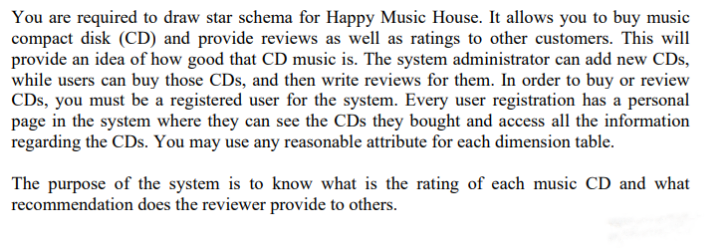 You are required to draw star schema for Happy Music House. It allows you to buy music
compact disk (CD) and provide reviews as well as ratings to other customers. This will
provide an idea of how good that CD music is. The system administrator can add new CDs,
while users can buy those CDs, and then write reviews for them. In order to buy or review
CDs, you must be a registered user for the system. Every user registration has a personal
page in the system where they can see the CDs they bought and access all the information
regarding the CDs. You may use any reasonable attribute for each dimension table.
The purpose of the system is to know what is the rating of each music CD and what
recommendation does the reviewer provide to others.
