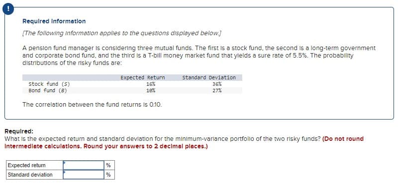 !
Required Information
[The following information applies to the questions displayed below.]
A pension fund manager is considering three mutual funds. The first is a stock fund, the second is a long-term government
and corporate bond fund, and the third is a T-bill money market fund that ylelds a sure rate of 5.5%. The probability
distributions of the risky funds are:
stock fund (5)
Bond fund (B)
The correlation between the fund returns is 0.10.
Expected Return
16%
10%
Expected return
Standard deviation
Required:
What is the expected return and standard deviation for the minimum-varlance portfolio of the two risky funds? (Do not round
Intermediate calculations. Round your answers to 2 decimal places.)
%
%
Standard Deviation
36%
27%