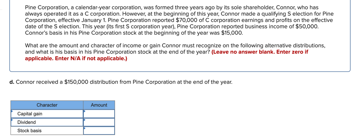 Pine Corporation, a calendar-year corporation, was formed three years ago by its sole shareholder, Connor, who has
always operated it as a C corporation. However, at the beginning of this year, Connor made a qualifying S election for Pine
Corporation, effective January 1. Pine Corporation reported $70,000 of C corporation earnings and profits on the effective
date of the S election. This year (its first S corporation year), Pine Corporation reported business income of $50,000.
Connor's basis in his Pine Corporation stock at the beginning of the year was $15,000.
What are the amount and character of income or gain Connor must recognize on the following alternative distributions,
and what is his basis in his Pine Corporation stock at the end of the year? (Leave no answer blank. Enter zero if
applicable. Enter N/A if not applicable.)
d. Connor received a $150,000 distribution from Pine Corporation at the end of the year.
Character
Amount
Capital gain
Dividend
Stock basis
