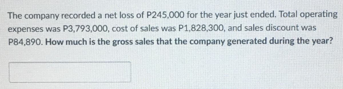 The company recorded a net loss of P245,000 for the year just ended. Total operating
expenses was P3,793,000, cost of sales was P1,828,300, and sales discount was
P84,890. How much is the gross sales that the company generated during the year?
