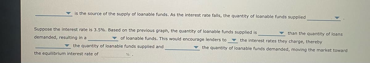 is the source of the supply of loanable funds. As the interest rate falls, the quantity of loanable funds supplied
Suppose the interest rate is 3.5%. Based on the previous graph, the quantity of loanable funds supplied is
demanded, resulting in a
of loanable funds. This would encourage lenders to
the quantity of loanable funds supplied and
the equilibrium interest rate of
%.
than the quantity of loans
the interest rates they charge, thereby
the quantity of loanable funds demanded, moving the market toward