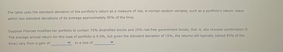 The table uses the standard deviation of the portfolio's return as a measure of risk. A normal random variable, such as a portfolio's return, stays
within two standard deviations of its average approximately 95% of the time.
Suppose Frances modifies her portfolio to contain 75% diversified stocks and 25% risk-free government bonds; that is, she chooses combination D.
The average annual return for this type of portfolio is 9.5%, but given the standard deviation of 15%, the returns will typically (about 95% of the
time) vary from a gain of
to a loss of