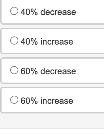 O 40% decrease
O 40% increase
O 60% decrease
O 60% increase