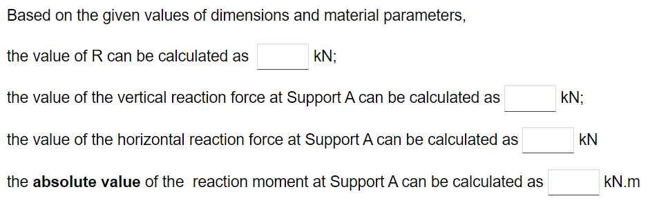 Based on the given values of dimensions and material parameters,
the value of R can be calculated as
KN;
the value of the vertical reaction force at Support A can be calculated as
the value of the horizontal reaction force at Support A can be calculated as
the absolute value of the reaction moment at Support A can be calculated as
KN;
KN
kN.m