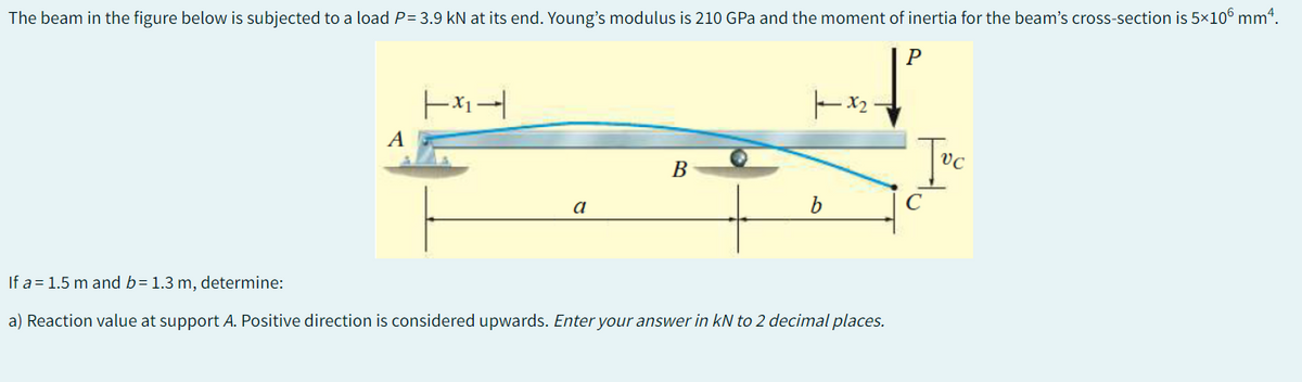 The beam in the figure below is subjected to a load P= 3.9 kN at its end. Young's modulus is 210 GPa and the moment of inertia for the beam's cross-section is 5×106 mm².
P
A
|×-|
a
B
1x₂.
b
If a 1.5 m and b= 1.3 m, determine:
a) Reaction value at support A. Positive direction is considered upwards. Enter your answer in kN to 2 decimal places.
Jvc