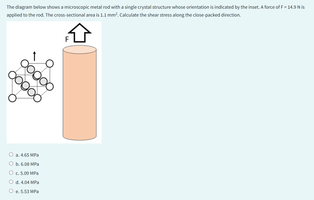 The diagram below shows a microscopic metal rod with a single crystal structure whose orientation is indicated by the inset. A force of F = 14.9 N is
applied to the rod. The cross-sectional area is 1.1 mm². Calculate the shear stress along the close-packed direction.
Dogo
ooooo
a. 4.65 MPa
O b. 6.08 MPa
c. 5.09 MPa
O d. 4.04 MPa
O e. 5.53 MPa