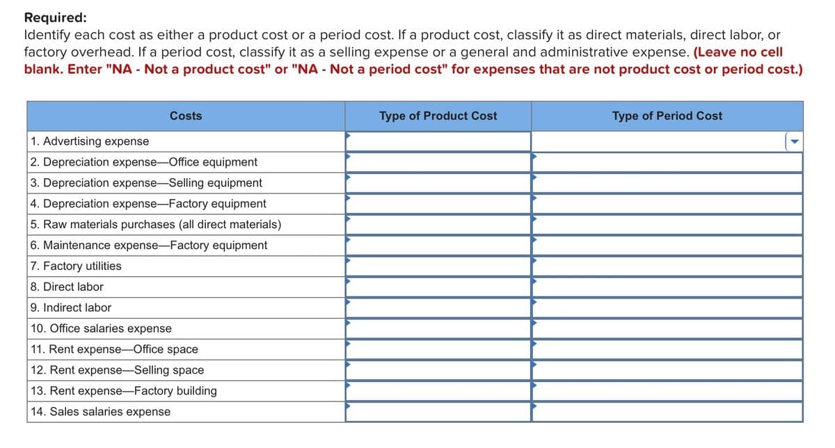 Required:
Identify each cost as either a product cost or a period cost. If a product cost, classify it as direct materials, direct labor, or
factory overhead. If a period cost, classify it as a selling expense or a general and administrative expense. (Leave no cell
blank. Enter "NA - Not a product cost" or "NA - Not a period cost" for expenses that are not product cost or period cost.)
Costs
Type of Product Cost
Type of Period Cost
1. Advertising expense
2. Depreciation expense-Office equipment
3. Depreciation expense-Selling equipment
4. Depreciation expense-Factory equipment
5. Raw materials purchases (all direct materials)
6. Maintenance expense-Factory equipment
7. Factory utilities
8. Direct labor
9. Indirect labor
10. Office salaries expense
11. Rent expense-Office space
12. Rent expense-Selling space
13. Rent expense-Factory building
14. Sales salaries expense
