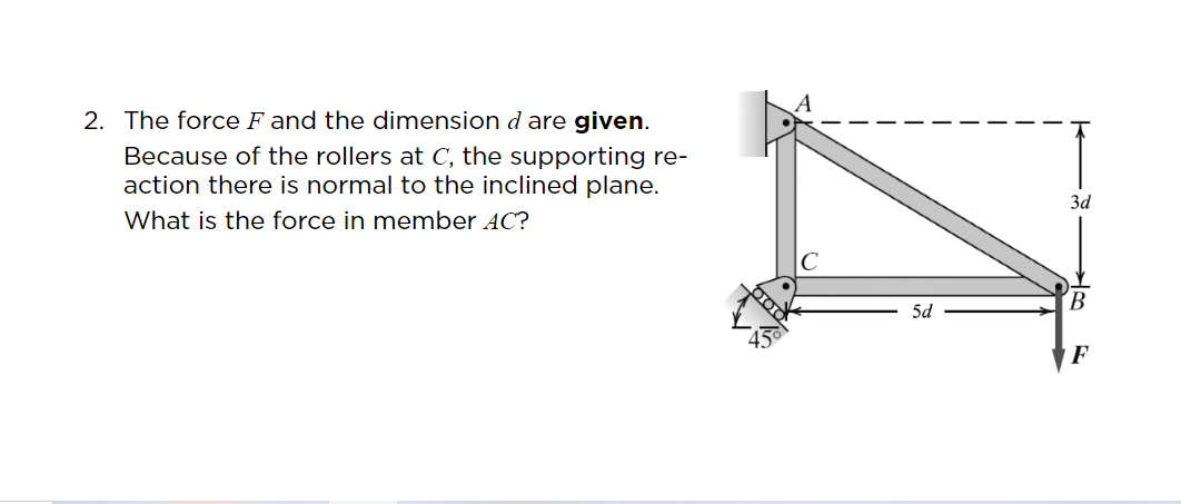 2. The force F and the dimension
are given.
Because of the rollers at C, the supporting re-
action there is normal to the inclined plane.
3d
What is the force in member AC?
B
5d
F
