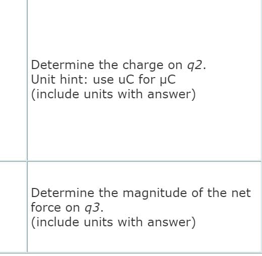 Determine the charge on q2.
Unit hint: use uC for µC
(include units with answer)
Determine the magnitude of the net
force on q3.
(include units with answer)
