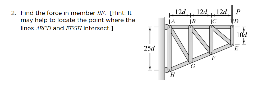 12d
12d
12d
2. Find the force in member BF. [Hint: It
may help to locate the point where the
lines ABCD and EFGH intersect.]
JA
|C
ID
1.
10d
25d
E
F
H.
