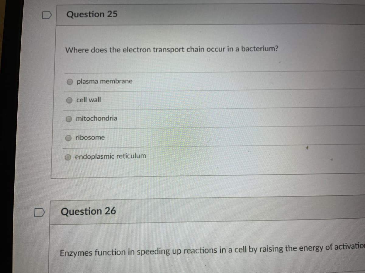Question 25
Where does the electron transport chain occur in a bacterium?
plasma membrane
cell wall
mitochondria
ribosome
endoplasmic reticulum
Question 26
Enzymes function in speeding up reactions in a cell by raising the energy of activation
